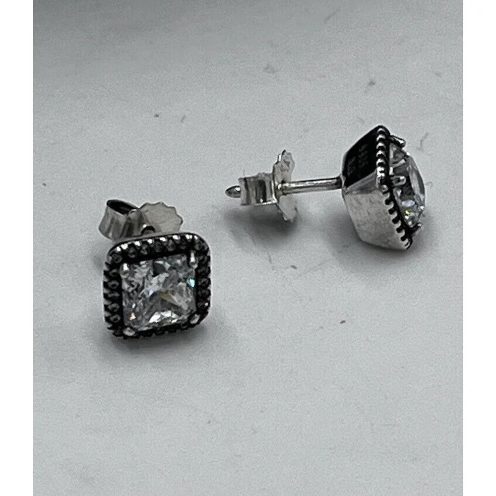 Pandora Timeless Elegance Sterling Silver Square Halo CZ Sparkle Stud Earrings